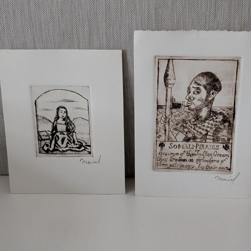 Set of 2 Intaglio Prints Woman and Pirate - Handcrafted - Artwork Wall Art Offic